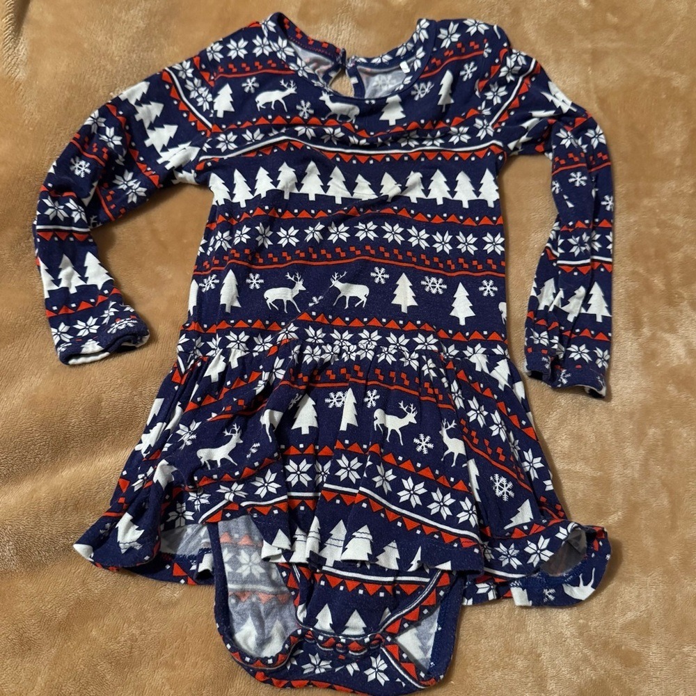 Little Bum Bums Holiday Fair Isle Reindeer Bamboo Dress Bodysuit 18-24 Months